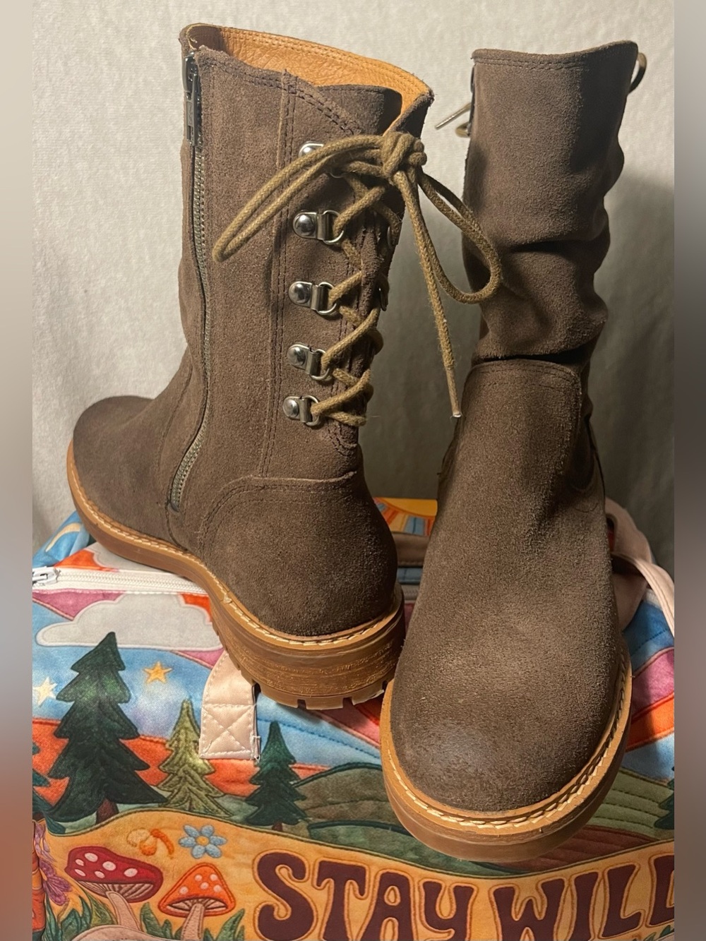 AQUA Leather Mid-Calf Lug Sole Moto Boots Taupe Suede 9 / 40.5 NWOT